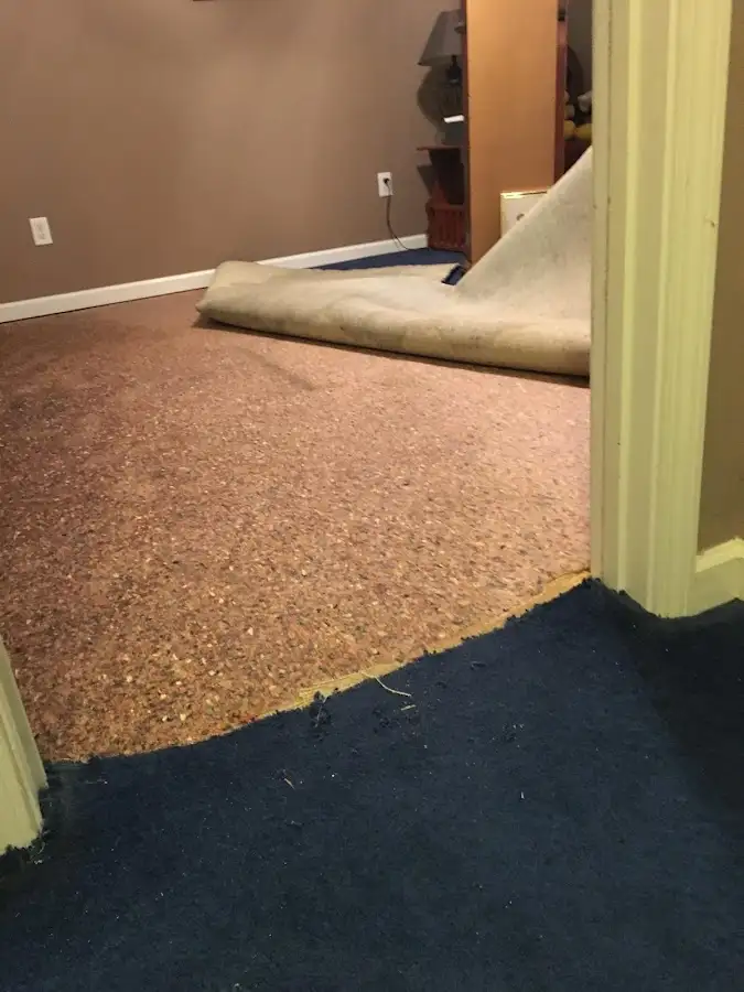 Carpet pad removal revealing water damage during Drying & Dehumidification in Dickinson